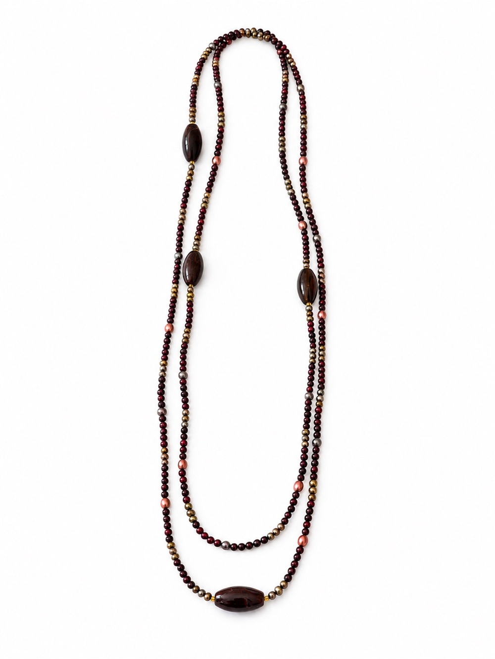 Long Layered Burgundy and Gold Bead Necklace - Brand